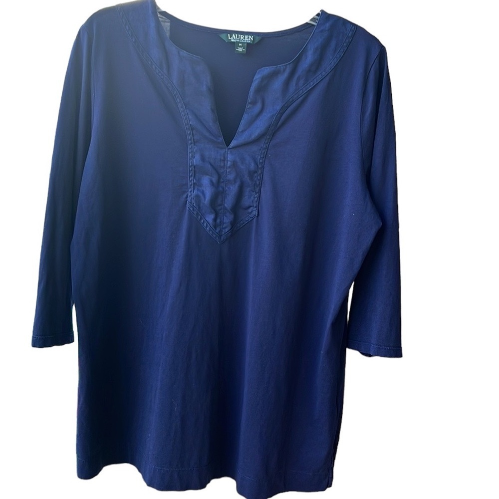 Lauren Ralph Lauren Navy Blue V-Neck Jersey 3/4 Sleeve 100% Cottom Size 1X